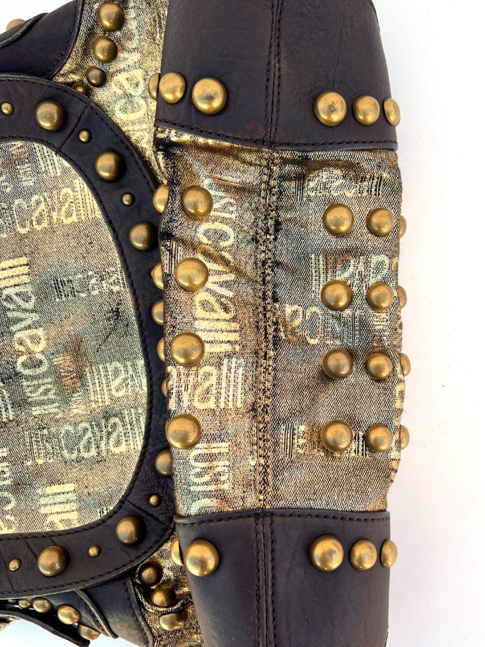 MINT CONDITION AUTHENTIC JUST CAVALLI GOLD BROCADE STUDS HOBO SHOULDER BAG - Picture 12 of 14